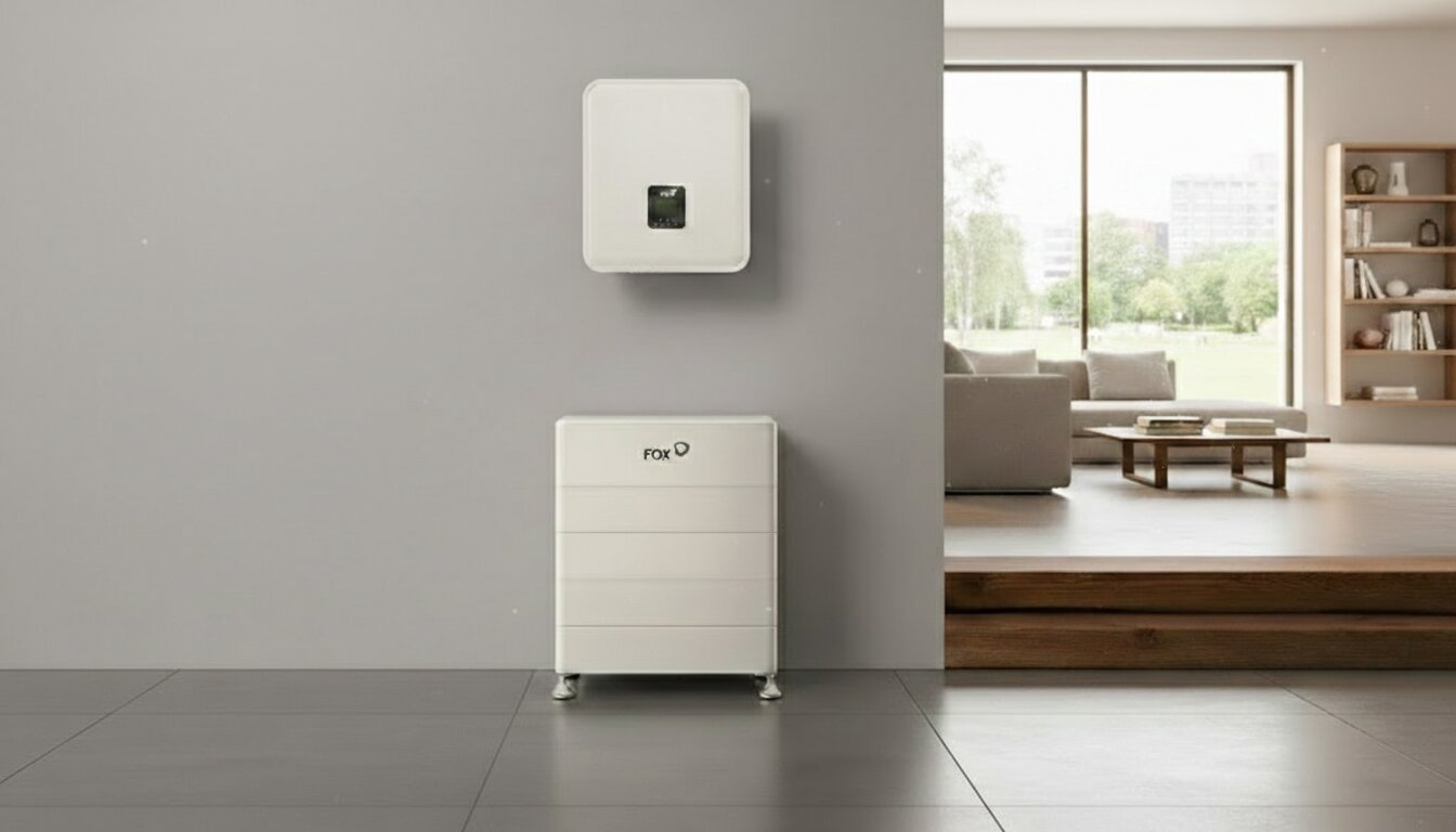 Stromspeicher von Basic Solar an der Wand eines modernen Wohnraums