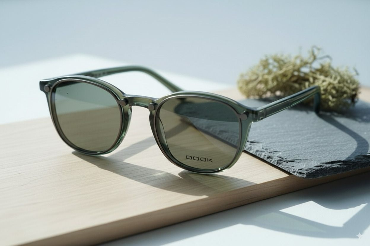 Sonnenbrille der Kopenhagener Brillenmarke Dook auf einem Holztisch