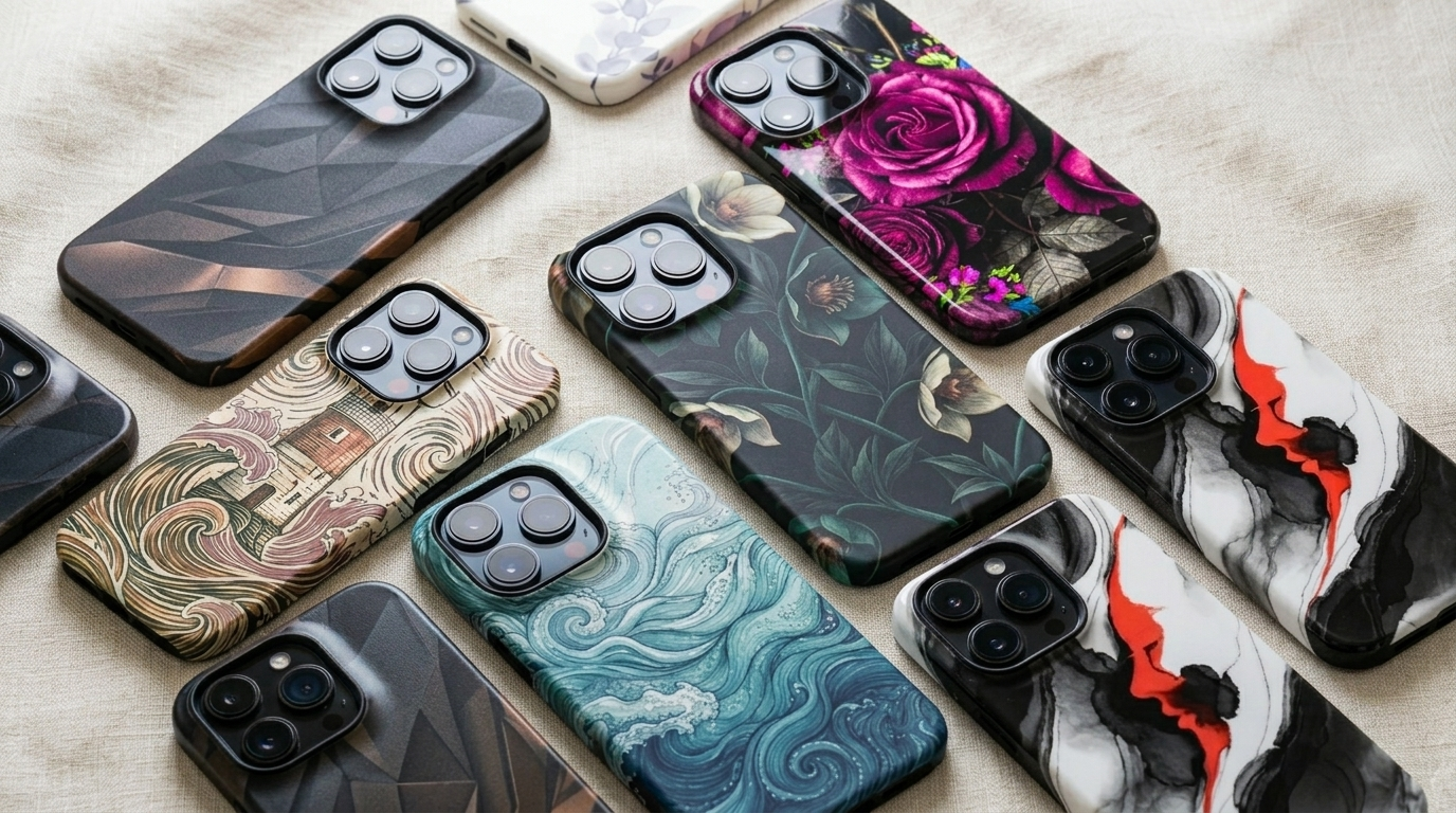 Mit KI gestaltete Handyhüllen von DreamCase AI in verschiedenen Mustern