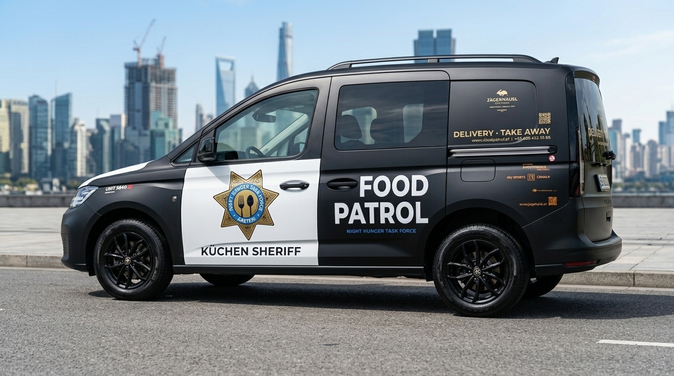Lieferwagen im „Food Patrol“-Design mit Take-away-Beschriftung, Kartenmotiv für Jagaheisl