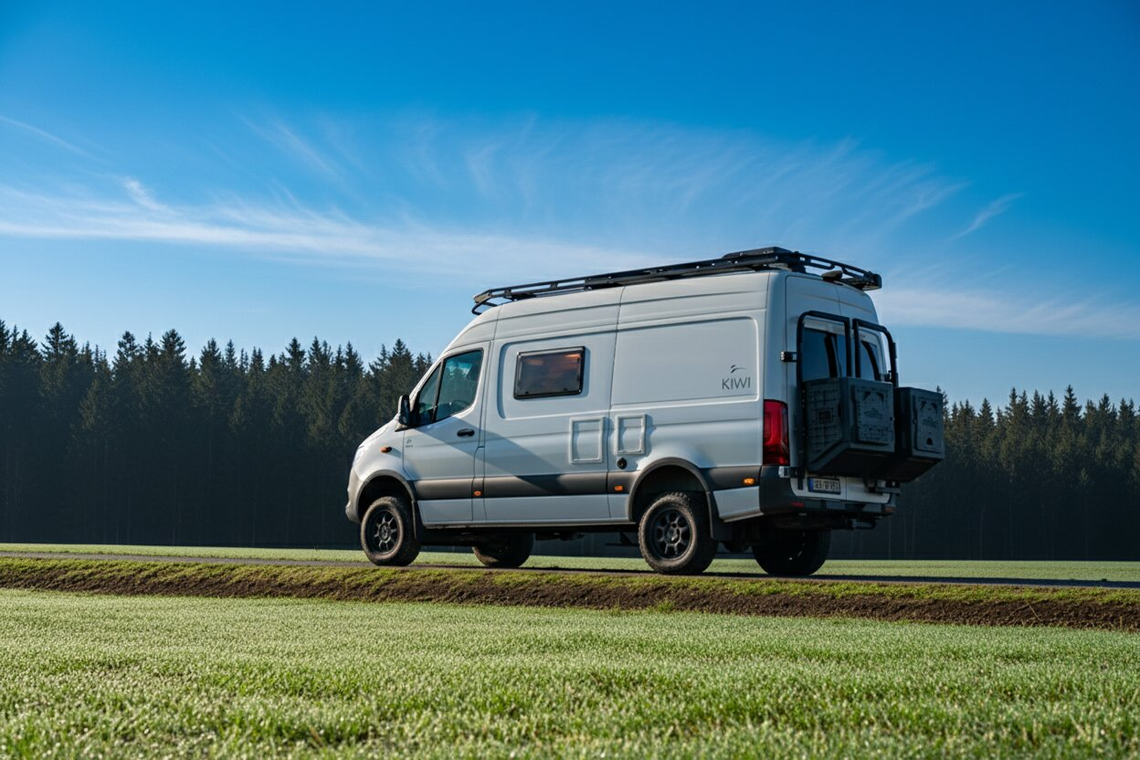 Ausgebauter Expeditions-Camper von KIWI Van Manufaktur auf einer Wiese vor Nadelwald