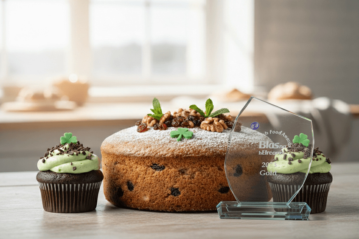Kuchen und Cupcakes von Mannings Bakery neben einer Glas-Auszeichnung