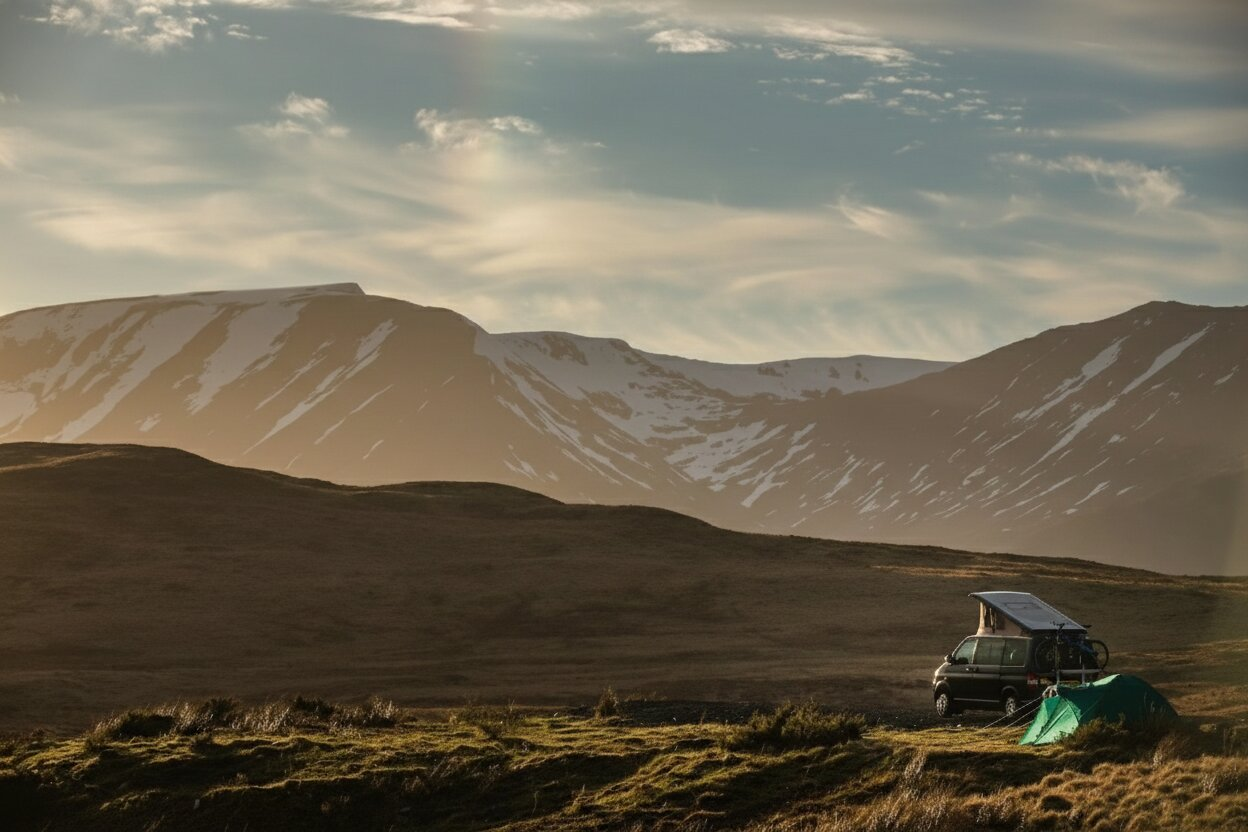Geländewagen mit Dachzelt in einer Berglandschaft als Symbolbild für Outdoor Living Bozen