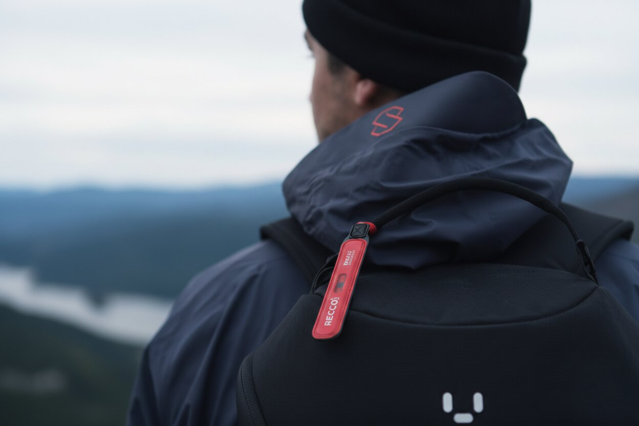 RECCO-Reflektor am Rucksack eines Bergsteigers vor Berglandschaft