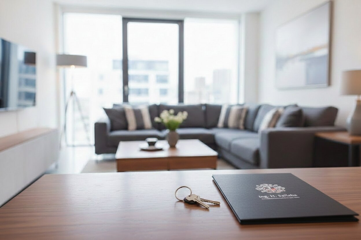 Hochwertiges Wohnzimmer mit Schlüsseln und Exposé-Mappe als Symbolbild für Sallaba Immobilien