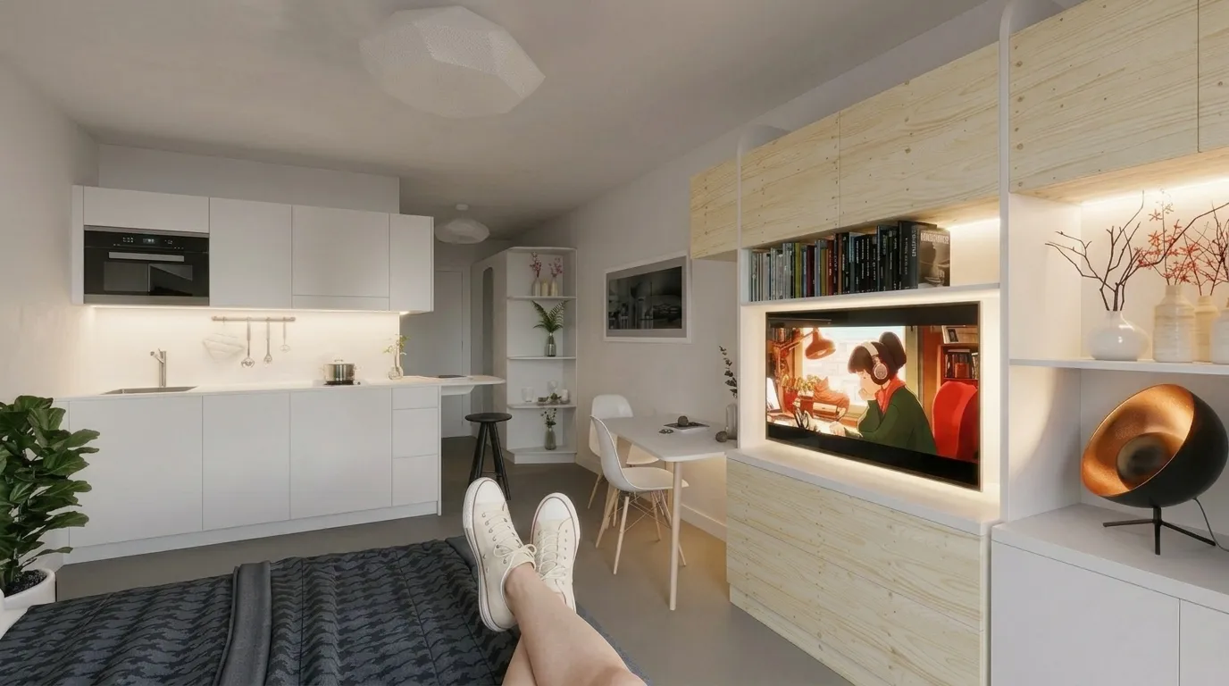 Möbliertes Apartment mit Küchenzeile und Wohnbereich, wie es WorkStay für Mitarbeitende anbietet