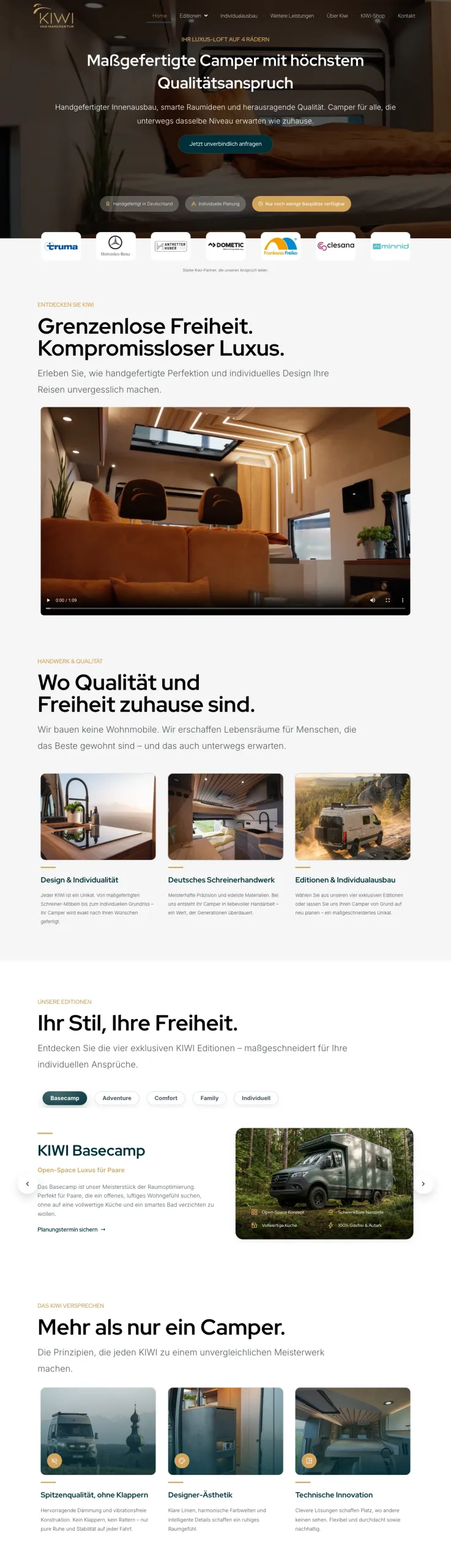 Screenshot der Website von KIWI Van Manufaktur (Desktop)
