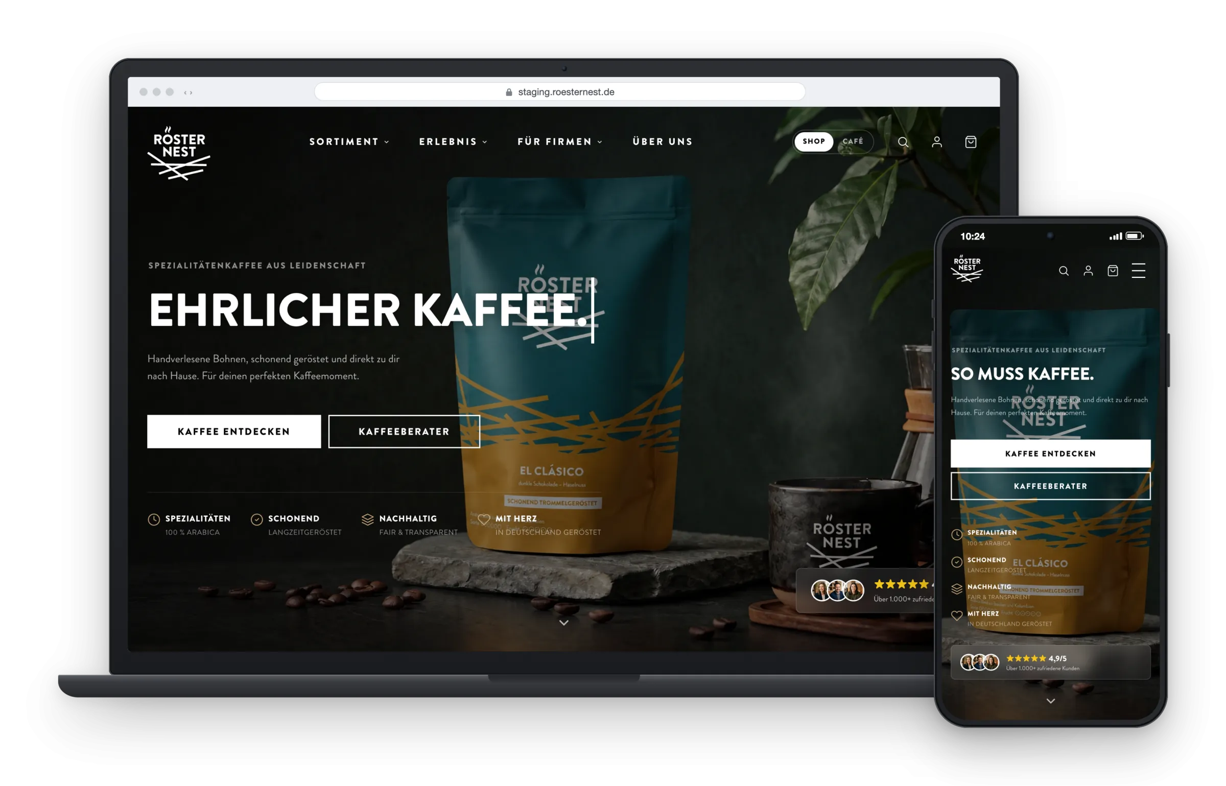 Röster Nest auf Desktop und Smartphone